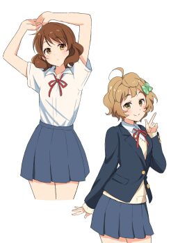 Rule 34 | 2girls, absurdres, ahoge, arm at side, arms up, blue jacket, blue skirt, blush, bow, brown eyes, brown hair, cardigan, collared shirt, commentary, cowboy shot, cropped legs, dot nose, green bow, hair bow, hand up, hibike! euphonium, highres, index finger raised, jacket, kawashima sapphire, legs together, light brown hair, looking at viewer, medium hair, miniskirt, multiple girls, ogura (onigiritakusan), oumae kumiko, own hands together, pleated skirt, polka dot, polka dot bow, red ribbon, ribbon, shirt, shirt tucked in, short hair, short sleeves, simple background, skirt, smile, standing, straight-on, symbol-only commentary, white background, white shirt, white skirt, yellow cardigan, yellow eyes