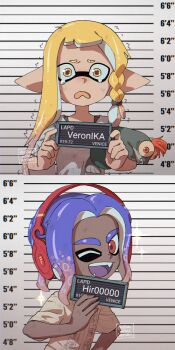 1boy 1girl ariamikukanzaki barbie_(franchise) barbie_(live_action) barbie_mugshot_(meme) blonde_hair blue_hair blush braid commentary dark-skinned_male dark_skin english_commentary eyebrow_cut fangs frown headphones height_mark highres hirooooo_(splatoon) holding holding_sign inkling meme mugshot multicolored_hair nintendo octoling one_eye_closed open_mouth parody placard red_eyes side_braid sign signature smallfry_(splatoon) smile splatoon_(series) splatoon_3 tearing_up tears tentacle_hair trembling veronika_(splatoon) very_dark_skin wavy_eyes yellow_eyes