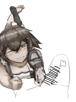 1girl absurdres arknights barefoot brown_hair cum feet highres looking_at_viewer lying medium_hair on_stomach one_eye_closed operatorut plume_(arknights) shoejob shoes smile socks soles toes unworn_shoes unworn_socks yellow_eyes