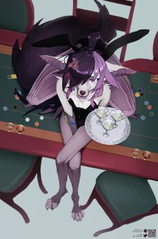 1girl anger_vein animal_ear_request animal_ears annoyed artist_name black_leotard breasts chair cocktail cocktail_glass commentary commission cup drinking_glass english_commentary fake_animal_ears furry furry_female highres holding holding_tray indoors leotard multicolored_hair original pink_eyes pita-potato poker ponytail rabbit_ears sitting small_breasts snout solo table tail tray two-tone_hair watermark wings