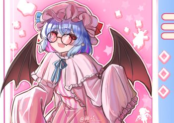 1girl 2091966 :d absurdres aqua_hair aqua_ribbon bat_wings black-framed_eyewear blush capelet commentary_request cosplay crossed_bangs dress fang frilled_capelet frilled_dress frilled_sleeves frills hands_up hat hat_ribbon highres long_sleeves looking_at_viewer mob_cap multicolored_hair neck_ribbon open_mouth patchouli_knowledge patchouli_knowledge_(cosplay) pink_capelet pink_dress pink_hair pink_hat pointy_ears red_eyes red_ribbon remilia_scarlet ribbon round_eyewear short_hair signature skin_fang sleeves_past_wrists smile solo star_(symbol) striped_clothes striped_dress teardrop-framed_glasses touhou two-tone_hair upper_body vertical-striped_clothes vertical-striped_dress wide_sleeves wings