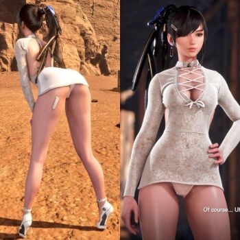 1girl 3d back black_hair breasts cleavage closed_mouth eve_(stellar_blade) game_cg high_heels multiple_views outdoors panties ponytail standing stellar_blade underwear white_panties