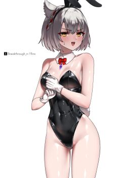 1girl animal_ear_hairband animal_ears bob_cut bow bowtie breasts cat_ears chest_jewel cleavage commentary_request covered_navel detached_collar fake_animal_ears gloves grey_hair hairband highleg highleg_leotard highres leotard looking_at_viewer medium_breasts mio_(xenoblade) playboy_bunny rabbit_ears rabbit_tail red_bow red_bowtie riro_(breakthrough_rr) short_hair simple_background solo strapless strapless_leotard tail white_background white_gloves xenoblade_chronicles_(series) xenoblade_chronicles_3 yellow_eyes