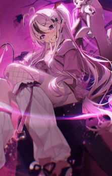 1girl absurdres adversarial_noise ahoge asymmetrical_legwear bandaid bat_(animal) bat_ornament black_streaks blurry blurry_foreground bone bow fingernails fishnets from_below grin hair_between_eyes hair_bow hair_ornament hairpin heart_ornament highres holding holding_scythe indie_virtual_youtuber long_fingernails long_hair looking_at_viewer mirukugatsu mismatched_legwear multicolored_hair nightshade_(technology) nomu_(29_nom) parted_lips pentagram pink_arm_warmers pink_hair pink_nails pink_shoes purple_eyes scythe shoes single_fishnet_legwear skull smile socks solo streaked_hair thigh_strap v v_over_mouth very_long_hair virtual_youtuber white_streaks wing_hair_ornament