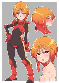 1girl absurdres boots border breasts covered_navel gloves grey_background gundam gundam_zz highres light_blush looking_at_viewer mecha_pilot_suit military_uniform multiple_views neo_zeon normal_suit_(gundam) nude onimaru_(onimal7802) orange_hair puru_two red_boots red_gloves science_fiction short_hair sideways_glance small_breasts standing upper_body white_border