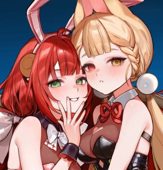 2girls alice_thymefield alternate_costume animal_ear_hairband animal_ears black_leotard blonde_hair blue_background blush braid breasts clothing_cutout commentary detached_collar fake_animal_ears green_eyes hairband heart_cutout heterochromia highres leotard long_hair looking_at_viewer low_twin_braids low_twintails medium_breasts multiple_girls parted_lips rabbit_ear_hairband rabbit_ears rabbit_girl red_eyes red_hair smilesmile1312 symbol-only_commentary twin_braids twintails ukinami_yuzuha upper_body very_long_hair yellow_eyes zenless_zone_zero