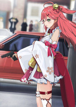 Rule 34 | 1girl, :d, ahoge, blurry, blurry background, bow, car, detached sleeves, feet out of frame, finger on trigger, frilled skirt, frills, from side, green eyes, gun, hair between eyes, hair ornament, handgun, highres, holding, holding gun, holding weapon, hololive, ikeumi dau (artist), long hair, long sleeves, looking ahead, motor vehicle, open mouth, outdoors, people, pink bow, pink hair, pink skirt, sakura miko, shirt, single thighhigh, skirt, smile, solo focus, standing, thigh strap, thighhighs, virtual youtuber, weapon, white shirt, white sleeves, white thighhighs, wide sleeves, x hair ornament