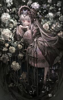 1girl absurdres against_fence black_bonnet black_bow black_dress bonnet bow bug butterfly commission dress expressionless eye_brooch fence flower frilled_bonnet frilled_sleeves frills grey_hair hashtag-only_commentary highres huang_du_du insect juliet_sleeves lolita_fashion long_hair long_sleeves looking_at_viewer original own_hands_together puffy_sleeves red_eyes skirt solo straight_hair very_long_hair white_flower white_skirt