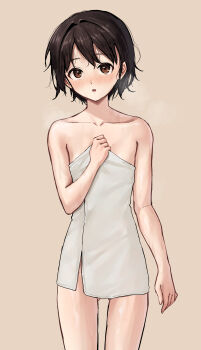 1girl absurdres after_bathing arm_at_side black_hair blush breasts brown_background brown_eyes collarbone commentary_request covering_breasts covering_privates cowboy_shot gluteal_fold hand_up highres itsuki_nofuji looking_at_viewer naked_towel original parted_lips pussy_juice short_hair simple_background small_breasts solo standing steam towel