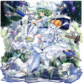 Rule 34 | 1girl, alternate color, boots, camouflage, camouflage headwear, camouflage shirt, camouflage skirt, collared shirt, flat cap, game cg, green eyes, green hair, hammer, hat, highres, key, long hair, looking at viewer, machinery, multicolored shirt, multicolored skirt, official art, open mouth, outdoors, pliers, rotte (1109), screw, screwdriver, seatbelt, shirt, sitting, skirt, skirt pocket, smile, solo, sparkle, steering wheel, third-party source, touhou, touhou lostword, transparent background, vehicle request, white boots, white hat, white shirt, white skirt, wrench, yamashiro takane