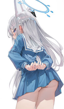 1girl absurdres animal_ears arms_behind_back ass blue_archive blue_halo blue_serafuku blue_shirt blue_skirt braid closed_mouth commentary_request fake_animal_ears from_behind from_below grey_hair half_up_braid halo highres kerno long_hair long_sleeves looking_at_viewer looking_back miniskirt miyako_(blue_archive) one_side_up panties pantyshot pleated_skirt purple_eyes rabbit_ears school_uniform serafuku shirt simple_background skirt solo standing underbutt underwear white_background white_hair white_panties