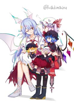 Rule 34 | 3girls, absurdres, adapted costume, aged down, aged up, alternate color, alternate wing color, anger vein, angry, ascot, bat wings, black boots, black hat, black shirt, black skirt, boots, bow, brooch, character doll, closed mouth, collarbone, collared shirt, crossed legs, crystal, crystal wings, doll, dual persona, fang, flandre scarlet, flandre scarlet (vampire pursuing the hunter), frilled shirt collar, frills, hat, hat ribbon, head wings, highres, jewelry, kutabiretainu, mob cap, multicolored wings, multiple girls, one eye closed, one side up, open mouth, pantyhose, pointy ears, puff of air, purple hair, red ascot, red bow, red eyes, red nails, red vest, remilia scarlet, remilia scarlet (modern-day makai&#039;s charismatic mistress), remilia scarlet (tiny devil mistress), ribbon, shirt, short sleeves, siblings, sisters, sitting, sitting on lap, sitting on person, skirt, sleeve bow, smile, touhou, touhou lostword, twitter username, vest, white hat, white shirt, white skirt, white wings, wings