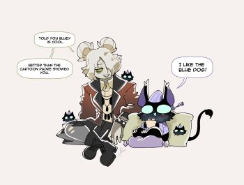 Rule 34 | 1boy, 1girl, 3others, bags under eyes, black boots, black fur, black skirt, blazer, blush, boots, bracelet, commentary, deadlock (game), double bun, english commentary, graves (deadlock), green eyes, hair bun, hair over one eye, hat, highres, jacket, jewelry, multiple others, necklace, nightcap, pajamas, pantyhose, patterned clothing, purple ears, purple eyes, purple pajamas, purple pillow, rem (deadlock), saltypokerface, school uniform, skirt, skull necklace, sleepwear, solid circle eyes, speech bubble, spiked bracelet, spikes, tail, torn clothes, torn pantyhose, white hair