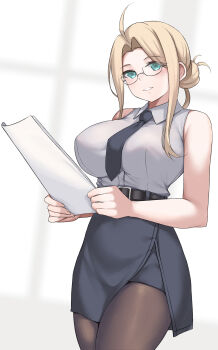 1girl absurdres ahoge asymmetrical_hair belt bespectacled black_belt black_necktie black_pantyhose black_skirt blonde_hair blue_eyes blue_necktie breasts cosplay dress_shirt glasses hair_between_eyes hair_bun highres hornet_(kancolle) hornet_(kancolle)_(cosplay) indoors jacket jiangyou_dang kantai_collection large_breasts long_hair looking_at_viewer necktie pantyhose paper pencil_skirt shirt skirt sleeveless sleeveless_shirt smile solo wasp_(kancolle) white_shirt