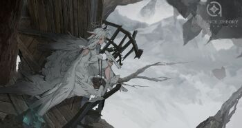 1girl ahoge animal animal_ears animal_on_shoulder bare_shoulders bird bird_ears bird_on_hand bird_on_shoulder bird_wings blunt_bangs check_copyright chocolate_(jitong) city cloud cloudy_sky copyright_request dated_commentary dove dress elbow_gloves extra_ears feathered_wings floating_island frilled_dress frills full_body gloves grey_scarf halo highres long_hair original outdoors rock scarf sky solo watermark white_dress white_gloves white_hair white_wings wings