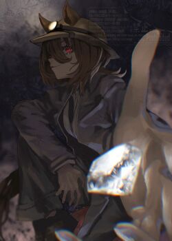 1girl absurdres agnes_tachyon_(umamusume) animal_ears blue_overalls brown_hair ears_through_headwear flashlight hair_between_eyes helmet highres horse_ears horse_girl long_sleeves medium_hair miner open_overalls overalls parted_lips reaching reaching_towards_viewer red_eyes rinka_(tonariuta) shirt smile solo umamusume watermark white_shirt