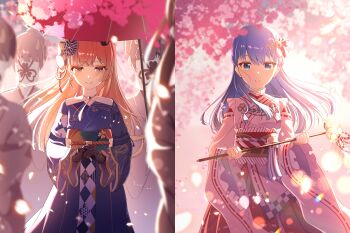 Rule 34 | bell, blue eyes, blue hair, blurry, blurry background, blurry foreground, brown hair, closed mouth, collarbone, commentary request, covered face, falling petals, floating hair, grey eyes, hair bell, hair ornament, hanasato minori, highres, holding, jewelry, jingle bell, kagura suzu, kiritani haruka, long hair, long sleeves, necklace, nontraditional miko, oil-paper umbrella, parted lips, petals, project sekai, standing, straight hair, swept bangs, umbrella, yomomo14