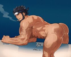 1boy abs absurdres all_fours alternate_body_hair arm_hair ass ass_hair back bara beard black_hair cheekbones chest_hair cigarette commission completely_nude facial_hair feet_out_of_frame forehead_protector from_side hair_slicked_back hairy highres konohagakure_symbol leg_hair loboke looking_at_viewer male_focus mature_male muscular muscular_male naruto_(series) naruto_shippuuden navel navel_hair nude pectorals presenting sarutobi_asuma second-party_source seductive_smile short_hair signature smile smirk smoke smoke_trail smoking solo stomach strongman_waist thick_eyebrows thick_thighs thighs triceps