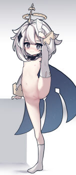 1girl absurdres arm_at_side arm_support ass bell_sleeves blush cape cleft_of_venus closed_mouth commentary_request detached_sleeves embarrassed flat_chest flipped_hair full_body genshin_impact gradient_background grey_background grey_eyes hair_between_eyes hair_ornament halo hand_up highres kneehighs kneepits knees light_smile loli looking_at_viewer navel nipples nta_(drapa_box10) paimon_(genshin_impact) petite pussy ribs short_hair simple_background single_kneehigh single_sock single_thighhigh socks solo split spread_legs standing standing_on_one_leg standing_split star_(symbol) star_hair_ornament stomach thighhighs uncensored unmoving_pattern wavy_mouth white_background white_hair white_sleeves white_socks
