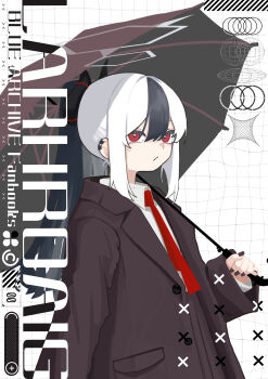 1girl absurdres alternate_costume amagasa_mike black_hair black_umbrella blue_archive brown_coat closed_mouth coat collared_shirt commentary_request cover cover_page demon_horns earclip english_text expressionless hair_between_eyes halo highres holding holding_umbrella horns kayoko_(blue_archive) long_hair long_sleeves looking_at_viewer multicolored_hair nail_polish necktie red_eyes red_necktie shirt solo two-tone_hair umbrella white_hair white_shirt