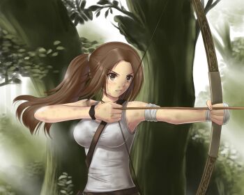 1girl archery arrow_(projectile) bandages bandaged_arm bandaged_hand bandages blush bow_(weapon) breasts brown_eyes brown_hair concentrating cropped dirty dirty_face female_focus highres koren_(a22222u) lara_croft leaves long_hair medium_breasts moss pixiv_tomb_raider_contest plant ponytail shirt solo sunlight third-party_source tomb_raider tomb_raider_(reboot) tree weapon white_shirt