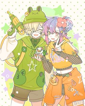 1boy 1girl bandage_over_one_eye black_shorts brown_shorts chinese_commentary closed_eyes clothes_around_waist commentary_request cowboy_shot crop_top fangs fishnet_top fishnets florian_brand florian_brand_(leonard) frog frog_hat gradient_hair green_hoodie green_jacket hair_between_eyes hair_ornament hair_over_one_eye hairclip hand_up hands_up heterochromia highres holding holding_water_gun hood hood_down hoodie identity_v jacket jacket_around_waist layered_clothes layered_sleeves lixiao62108 long_sleeves looking_at_viewer medium_hair midriff multicolored_hair navel one_eye_covered one_side_up open_mouth orange_jacket pink_eyes pink_hair polka_dot polka_dot_background print_shirt purple_hair shirt short-sleeved_jacket short_hair short_over_long_sleeves short_sleeves shorts sidelocks skin_fangs sleeves_past_wrists star_(symbol) strap two-tone_hair v vera_nair vera_nair_(buffy) water_gun white_background yellow_eyes