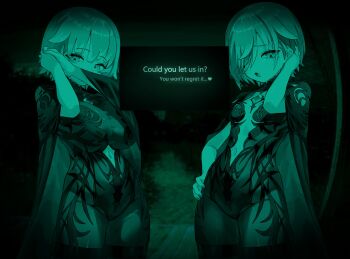 2girls :o ai-generated_art_(topic) alternate_costume black_bodysuit black_cape blunt_bangs blush bodysuit breasts camera_feed cape center_opening chest_jewel chronopattern_dress clothing_cutout commentary covered_mouth english_commentary eyebrows_hidden_by_hair flat_chest green_theme gurumie hair_flaps hair_over_one_eye hand_on_own_hip highres hololive hololive_english koseki_bijou large_breasts looking_at_viewer momseki_(koseki_bijou) mother_and_daughter multiple_girls navel navel_cutout no_i&#039;m_not_a_human no_i&#039;m_not_a_human_(style) one_eye_closed open_mouth see-through_bodysuit see-through_clothes virtual_youtuber