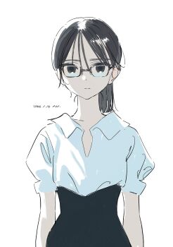 1girl black_hair closed_mouth collared_shirt glasses highres looking_at_viewer original puffy_short_sleeves puffy_sleeves shirt short_sleeves simple_background solo torino_kawazu upper_body white_background white_shirt