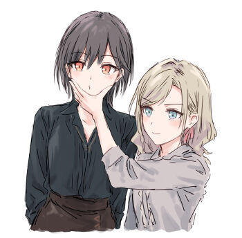 >:) 2girls alternate_costume black_shirt blue_eyes blush brown_skirt casual ceras_yanagida_lilienfeld closed_mouth commentary edel_note grabbing_another's_face grey_hair grey_shirt hair_ribbon head_grab katsuragi_izumi link!_like!_love_live! long_hair long_sleeves looking_to_the_side love_live! multiple_girls o3o orange_eyes pink_ribbon puckered_lips revision ribbon shirt simple_background skirt smile three-quarter_sleeves v-shaped_eyebrows virtual_youtuber white_background yukitake_(bullfalk)