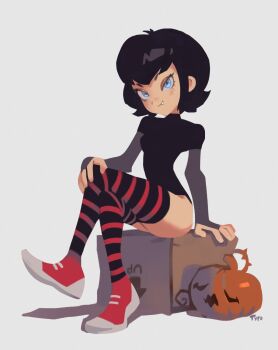 1girl alternate_legwear black_hair blue_eyes box bridal_gauntlets cardboard_box fang highres hotel_transylvania jack-o&#039;-lantern mavis_dracula no_panties on_box optionaltypo pumpkin shoes short_hair sitting sneakers solo striped_clothes striped_thighhighs thighhighs vampire
