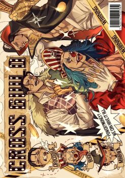 3boys abs beard black_hair blue_hair buggy_the_clown cigar commentary crocodile_(one_piece) cross_pendant dracule_mihawk evil_smile facial_hair hair_slicked_back hat hat_feather highres holding holding_knife knife long_hair male_focus multiple_boys multiple_views mustache one_piece pirate_hat red_nose rihirihi613 short_hair smile sparkle stitched_face stitches tongue tongue_out