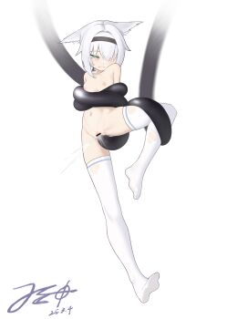 1girl absurdres animal_ears bound bound_arms bound_leg breasts fox_ears fox_girl full_body green_eyes highres jerry_wang leg_lift looking_down nude original rape restrained simple_background small_breasts tears tentacle_sex tentacles thighhighs thighs torn_clothes torn_thighhighs torso_grab vaginal white_background white_hair white_thighhighs