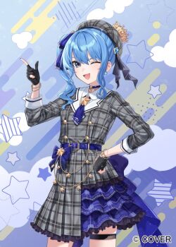 Rule 34 | 1girl, :d, ;d, ascot, bead bracelet, beads, beret, black gloves, blue ascot, blue choker, blue eyes, blue hair, blue ribbon, bracelet, buttons, choker, collared shirt, commentary request, cowboy shot, double-breasted, double-parted bangs, earrings, frilled skirt, frills, gloves, grey hat, grey jacket, grey skirt, hair between eyes, hair ribbon, hand on own hip, hand up, hat, hololive, hoshimachi suisei, hoshimachi suisei (1st costume), jacket, jewelry, komiya latte, looking at viewer, medium hair, miniskirt, official art, one eye closed, open mouth, partially fingerless gloves, plaid clothes, plaid hat, plaid jacket, plaid skirt, pleated skirt, ribbon, shirt, side ponytail, sidelocks, skirt, skirt set, sleeve cuffs, smile, solo, star (symbol), star earrings, star in eye, symbol in eye, thigh strap, three-quarter sleeves, virtual youtuber, white shirt