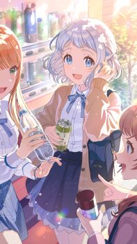 3girls bag blonde_hair blue_eyes blue_hair bottle bracelet braid can cardigan collared_shirt gakuen_idolmaster game_cg green_eyes grey_hair hanami_saki holding idolmaster jewelry katsuragi_lilja multicolored_hair multiple_girls neck_ribbon official_art open_mouth orange_hair pointing profile red_hair ribbon ring school_bag shirt shiun_sumika skirt tree vending_machine