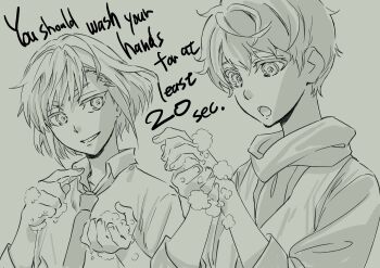 2boys :o absurdres commentary_request coronavirus_pandemic english_text greyscale highres khun_aguero_agnis kudou_masashi male_focus monochrome multiple_boys necktie open_mouth pointing smile soap_bubbles tower_of_god twenty-fifth_bam washing_hands