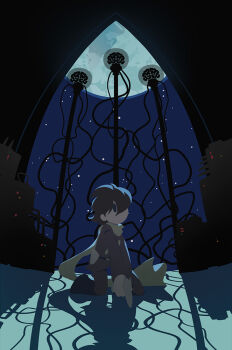 Rule 34 | 1boy, black boots, black ghost, boots, brown hair, cable, coat, cyborg, cyborg 009, dynamic pose, gun, hair over one eye, holding, holding gun, holding weapon, looking up, moon, pants, red coat, red pants, scarf, shimamura joe, soldier, sorges, space, spoilers, weapon, yellow scarf