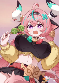 Rule 34 | 1girl, absurdres, animal ears, aqua hair, black shirt, black skirt, braid, breasts, cow ears, cow girl, cow horns, cow tail, crop top, earrings, food, genshin impact, highres, holding, holding food, horns, jewelry, large breasts, long hair, long sleeves, midriff, multicolored hair, navel, neck tattoo, open mouth, pink hair, purple eyes, shirt, skirt, solo, stomach, streaked hair, tail, tattoo, twin braids, varesa (genshin impact), yaoli (ysxbd), yellow sleeves