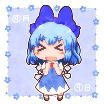 >_< 1girl blue_bow blue_dress blue_hair blush bow cirno commentary_request detached_wings dress facing_viewer hair_bow ice ice_wings matty_(zuwzi) open_mouth pinafore_dress puffy_short_sleeves puffy_sleeves short_sleeves sleeveless sleeveless_dress smile touhou translation_request wings
