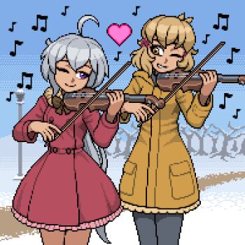 2girls animated animated_gif blinking brown_eyes guilhermerm instrument long_hair multiple_girls musical_note one_eye_closed pixel_art purple_eyes senki_zesshou_symphogear snow tachibana_hibiki_(symphogear) tree violin white_hair yukine_chris yuri