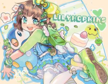 Rule 34 | accessory hair, backpack, bag, beads, blue dress, bow, cake, crocs, dress, food, gen 4 pokemon, girutea, green bag, green crocs, green eyes, hair beads, hair bow, hair ornament, lily hopkins, nail polish, piplup, thighhighs