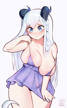 areola_slip black_panties blush braid breasts commentary dress english_commentary highres holding_strap horns large_breasts lingerie long_hair nivi_(sunset_nivaris) panties plump purple_dress see-through_clothes skirt skirt_tug sunset_nivaris tail undersized_clothes underwear white_hair
