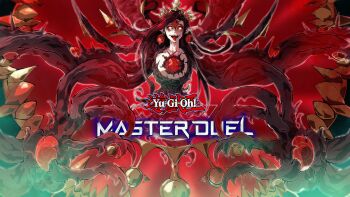 1girl black_hair blurry colored_sclera commentary crazy_smile depth_of_field duel_monster earrings english_commentary glowing glowing_eyes hair_ornament highres jewelry long_hair pointy_ears red_background red_sclera saint_azamina smile tentacles thorns tongue tongue_out very_long_hair video_thumbnail vincent_graphic_art yellow_eyes yu-gi-oh! yu-gi-oh!_master_duel