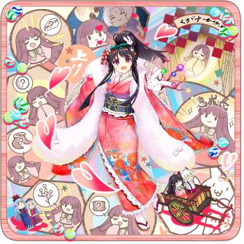 2girls alternate_costume alternate_hairstyle bamboo bow bowtie branch brown_hair cart character_doll closed_mouth doll fishnet_gloves fishnets five_impossible_requests floral_print flower frilled_sleeves frills fujiwara_no_mokou furisode game_cg gloves hair_flower hair_ornament highres houraisan_kaguya inaba_mob_(touhou) japanese_clothes jeweled_branch_of_hourai kamishirasawa_keine kanzashi kimono kokeshi looking_at_viewer marble_(toy) multiple_girls obi obijime official_art open_mouth pink_eyes pink_kimono pink_shirt ponytail print_kimono rabbit rabbit_hair_ornament red_skirt rotte_(1109) sash shirt skirt smile solo_focus sweatdrop taketori_monogatari third-party_source touhou touhou_lostword translation_request transparent_background tsumami_kanzashi yagokoro_eirin