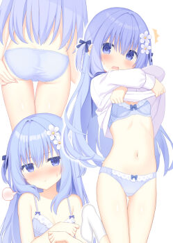 1girl ankle_socks ass blue_bow blue_bra blue_eyes blue_hair blue_panties blue_theme blush bow bow_bra bow_panties bra breasts clothes_lift crotch_seam flower frilled_bra frilled_panties frills hair_bow hair_flower hair_ornament highres lifting_own_clothes loli long_hair looking_at_viewer multiple_views navel open_mouth original panties pout shirt shirt_lift sidelocks simple_background small_breasts socks solo speech_bubble spoken_blush thighs two_side_up underwear undressing utsunomiya_tsumire white_background white_shirt white_socks yuki_(utsumire)