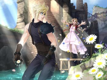 1boy 1girl aerith_gainsborough ahoge armor armored_gloves bandaged_arm bandages bangle belt black_pantyhose black_shirt blonde_hair blue_eyes boots bracelet braid braided_ponytail brown_belt brown_boots brown_gloves brown_hair building cloud_strife cropped_jacket dress falling_flower final_fantasy final_fantasy_vii final_fantasy_vii_rebirth final_fantasy_vii_remake flower gloves green_eyes hair_between_eyes hair_ribbon highres holding holding_flower jacket jewelry long_dress long_hair multiple_belts neya outdoors outstretched_arms pantyhose parted_bangs parted_lips partially_submerged pauldrons pink_dress pink_ribbon red_jacket ribbon shirt short_hair shoulder_armor sidelocks single_braid single_pauldron sleeveless sleeveless_turtleneck smile spiked_hair suspenders turtleneck white_flower