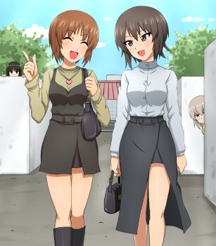 4girls around_corner bag black_boots black_dress black_hair black_skirt blue_eyes blue_sky boots brown_eyes brown_hair brown_shirt carrying casual cloud cloudy_sky commentary_request day dress feet_out_of_frame girls_und_panzer grey_hair grey_shirt half-skirt handbag heart heart_locket heart_necklace hiding highres holding index_finger_raised itsumi_erika jewelry knee_boots long_hair long_sleeves looking_at_another medium_hair medium_skirt mother_and_daughter multiple_girls necklace nishizumi_maho nishizumi_miho nishizumi_shiho omachi_(slabco) open_mouth outdoors pinafore_dress road shirt short_dress short_hair siblings sisters skirt sky sleeveless sleeveless_dress smile standing street white_shirt