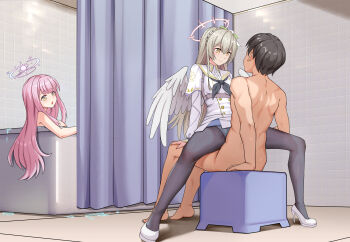 1boy 2girls bathroom blonde_hair blue_archive blush breasts brown_hair clothed_female_nude_male commentary_request dress grey_neckerchief groin_tendon haimei1980 halo high_heels highres long_hair looking_at_another mika_(blue_archive) multiple_girls nagisa_(blue_archive) neckerchief nude open_mouth panties panties_under_pantyhose pantyhose pink_eyes sailor_collar short_hair sitting sitting_on_person small_breasts spread_legs underwear very_long_hair white_dress white_panties wings yellow_eyes