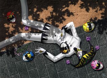 1boy absurdres daisy_(flower) flower hat highres incredibly_absurdres jester_cap joker_(persona_2_tsumi) kazuma_kaneko male_focus mask official_art persona persona_2 persona_2_tsumi photoshop_(medium) pink_flower purple_flower purple_rose rose shiraishi_megumi_(colorist) signature solo third-party_source unworn_mask