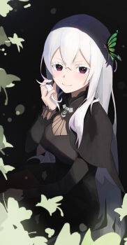 1girl absurdres black_background black_capelet black_dress blush breasts butterfly_hair_ornament capelet closed_mouth colored_eyelashes dress echidna_(re:zero) hair_between_eyes hair_ornament hat highres long_hair long_sleeves looking_at_viewer purple_eyes re:zero_kara_hajimeru_isekai_seikatsu sitting smile solo twirling_hair very_long_hair white_hair zhao_guazi