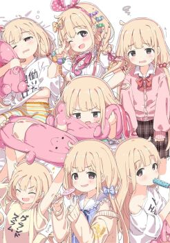 +_+ 1girl black_skirt blonde_hair blue_dress bow bow_hairband bowtie candy candy_hair_ornament cardigan collar collared_shirt detached_collar dress eating food food-themed_hair_ornament food_in_mouth futaba_anzu green_shorts hair_bobbles hair_bow hair_ornament hairband hand_on_own_stomach holding holding_candy holding_food holding_lollipop holding_popsicle holding_stuffed_toy idolmaster idolmaster_cinderella_girls kuresuku_(lessons) lollipop long_hair low_twintails multicolored_shorts multiple_views neck_ribbon one_eye_closed orange_shorts pink_bow pink_cardigan pink_hairband pink_ribbon polka_dot_hairband popsicle popsicle_in_mouth red_bow red_bowtie red_eyes ribbon shirt shorts skirt sleepy sleeveless sleeveless_dress smile striped_clothes striped_shorts stuffed_animal stuffed_rabbit stuffed_toy twintails v very_long_hair white_collar white_dress white_shirt white_shorts yellow_bow yellow_cardigan